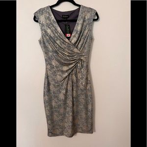 NWTs CARTISE form-fitting sexy dress, Sz2, gold/grey with deep V-neck